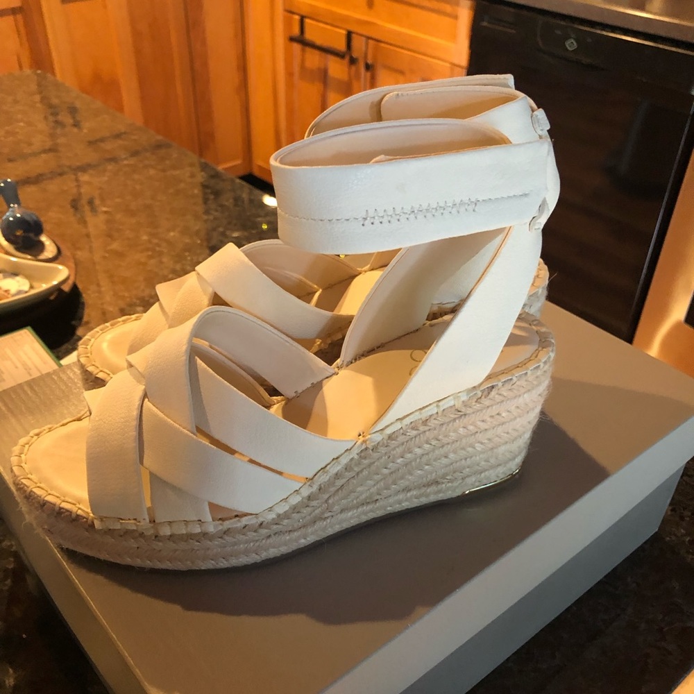 Franco Sarto Carmina Wedge Sandals with gold trim, ankle strap. Size 6.5 US.